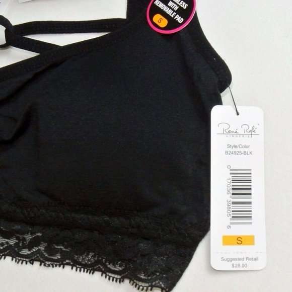 Rene Rofe Women's Bralette Top Bra Small Black Lace Trimmed Wire Free Seamless - Picture 2 of 4